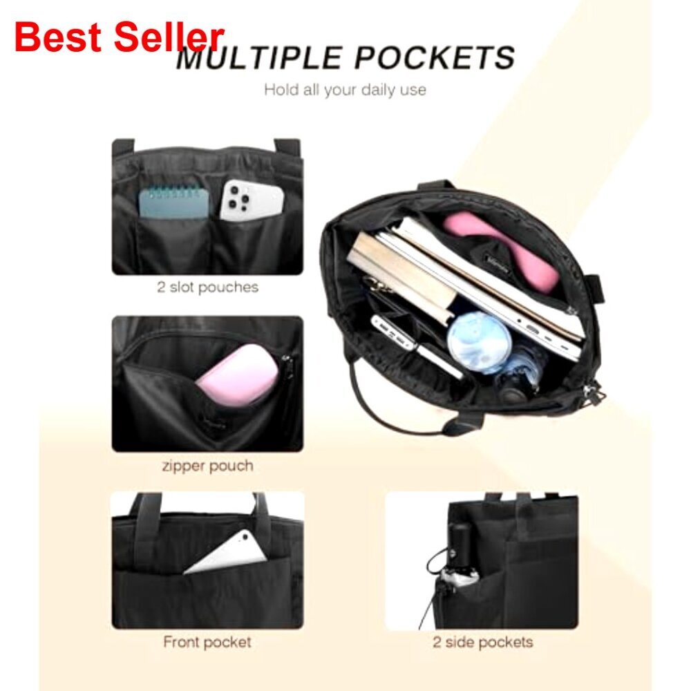 Large Lightweight Tote Bag with Zipper Compartments for Work Travel Gym - Picture 4 of 7